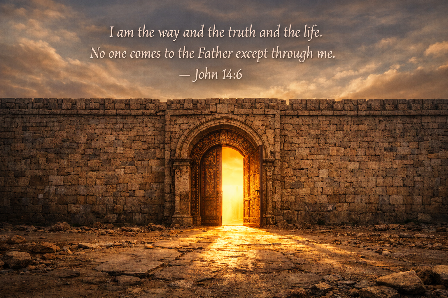 Ancient ornate door open with golden light in massive stone wall — John 14:6 Bible verse wallpaper